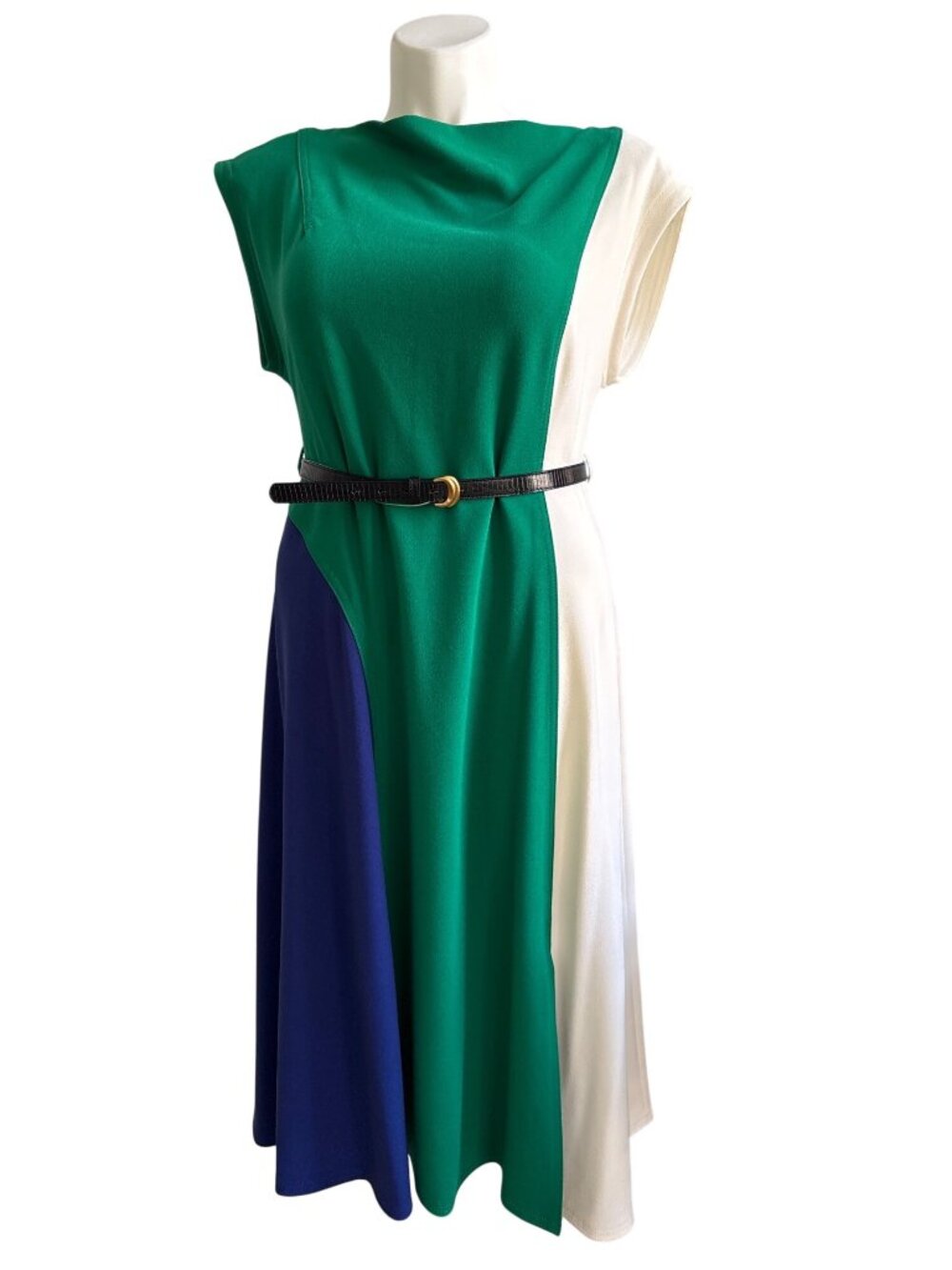 Donna Karan NWT $159 Colorblock Green Blue Ivory Belted Midi Dress Size 14 - Picture 2 of 10